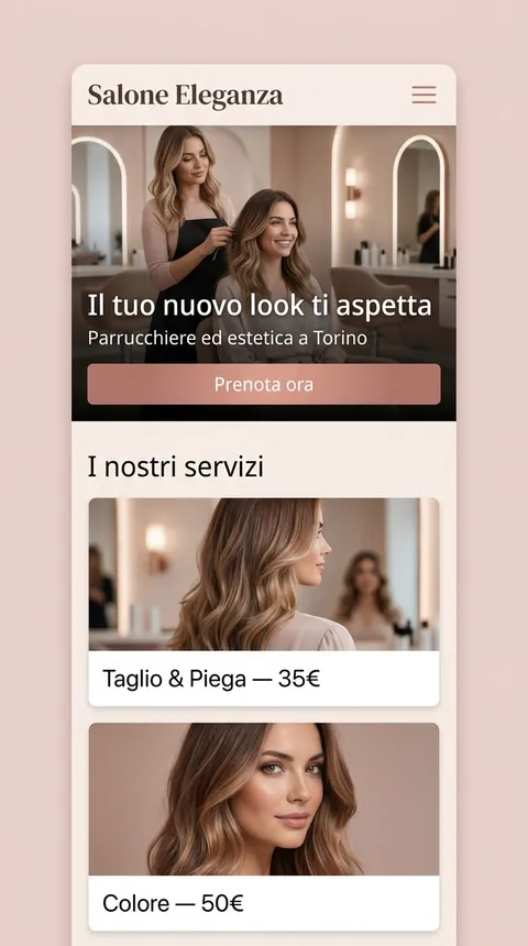 Esempio di sito per parrucchiere ed estetista generato dall'AI con listino, gallery e appuntamenti