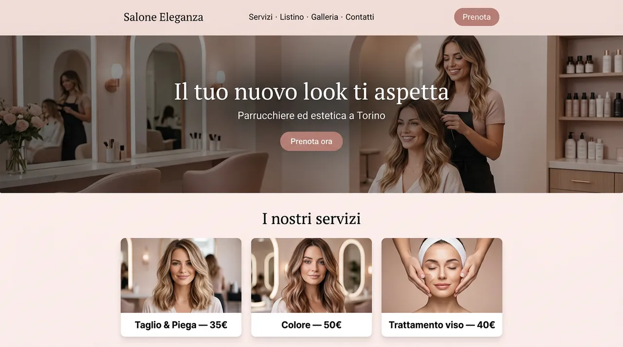 Esempio di sito per parrucchiere ed estetista generato dall'AI con listino, gallery e appuntamenti