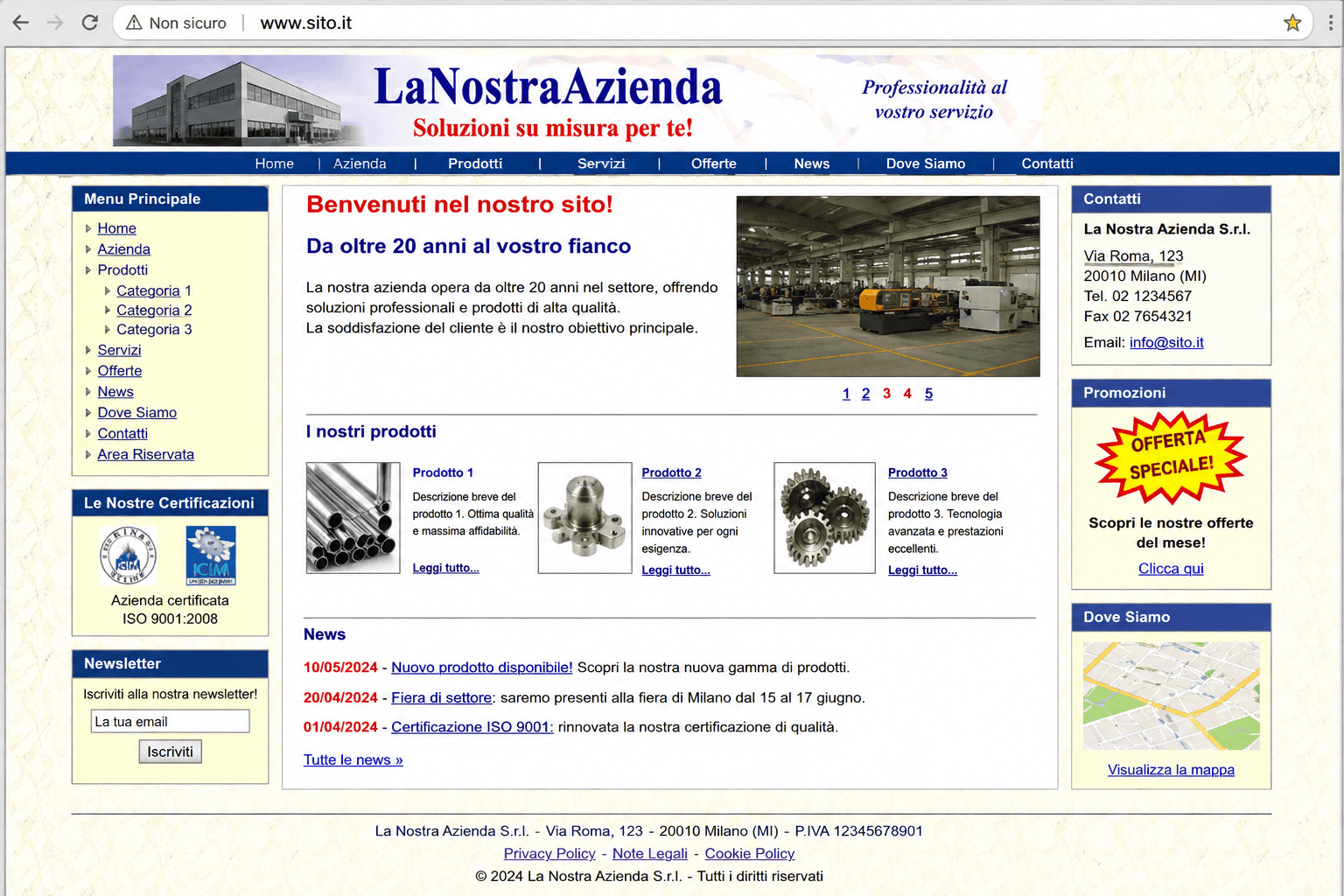 Esempio di sito web datato, prima del restyling con l'AI