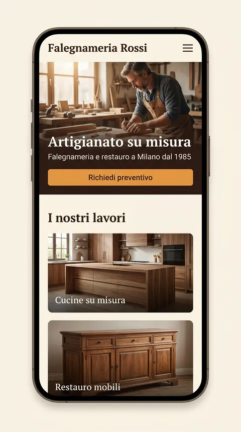 Esempio di sito per artigiano generato dall'AI con lavori in vetrina e richiesta preventivo