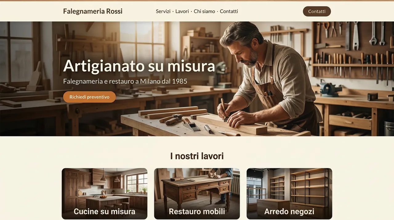 Esempio di sito per artigiano generato dall'AI con lavori in vetrina e richiesta preventivo