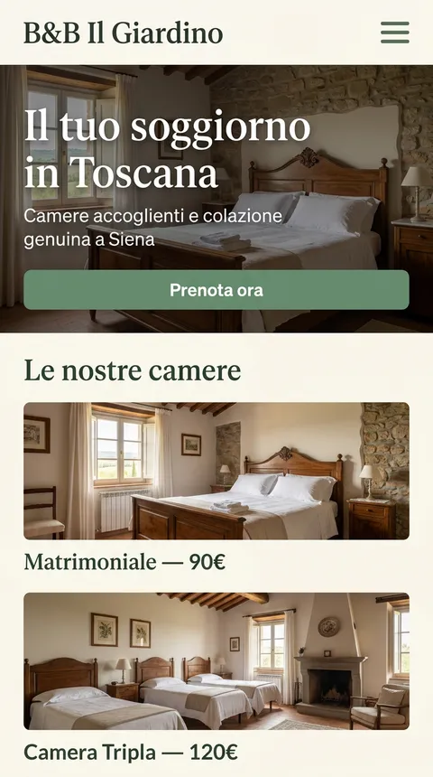 Esempio di sito per B&B generato dall'AI con camere, foto e prenotazioni dirette