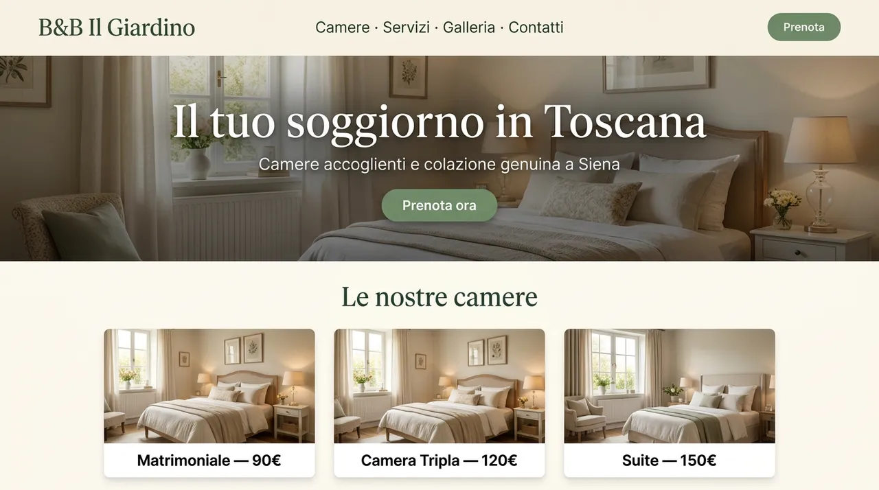 Esempio di sito per B&B generato dall'AI con camere, foto e prenotazioni dirette
