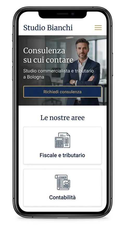 Esempio di sito per studio professionale generato dall'AI con aree di attività e richiesta consulenza
