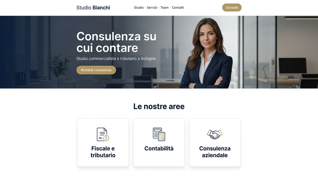 Esempio di sito per studio professionale generato dall'AI con aree di attività e richiesta consulenza