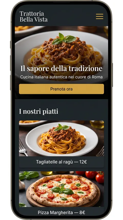 Esempio di sito per ristorante generato dall'AI con menù, foto dei piatti e prenotazioni