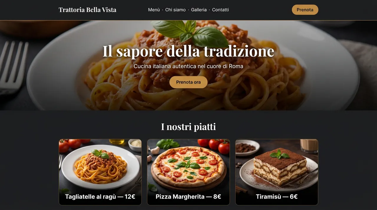 Esempio di sito per ristorante generato dall'AI con menù, foto dei piatti e prenotazioni