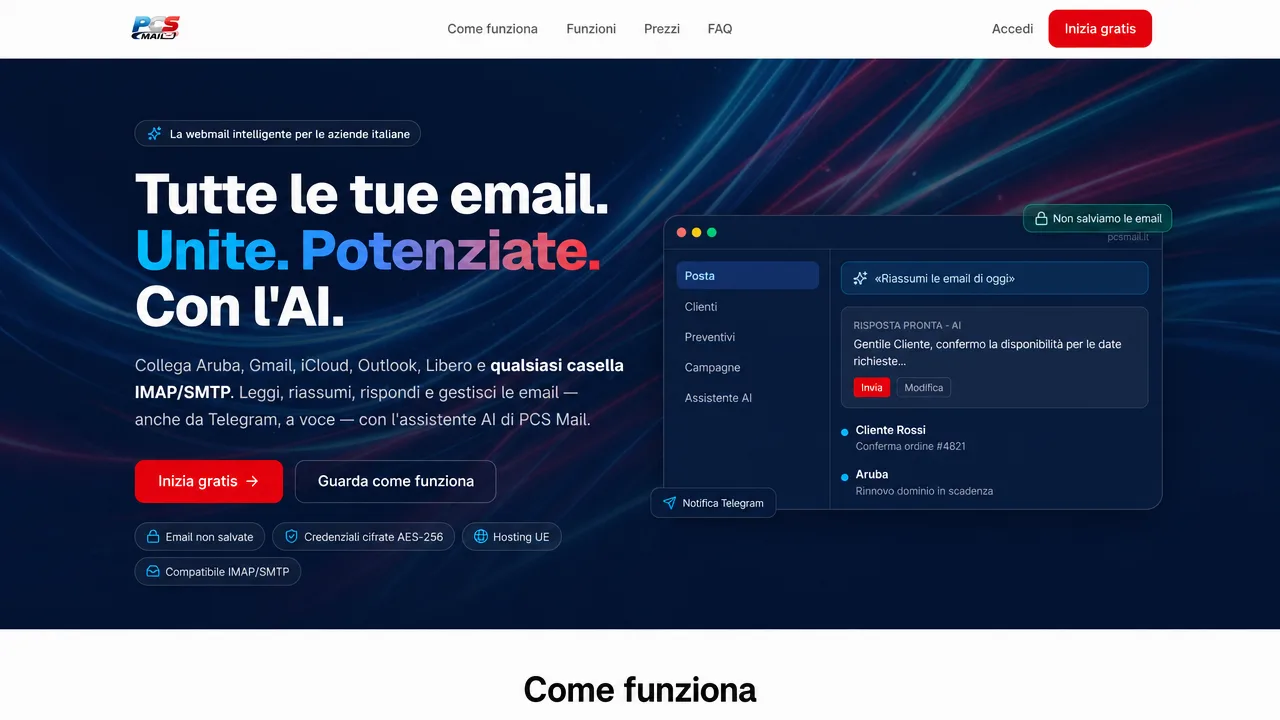 Anteprima del sito PCS Mail — Produttività